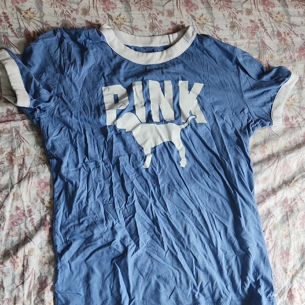 Victoria's Secret Blue and White Short Sleeve Tee with PINK Logo